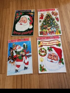 Vintage Christmas window clings 1990s santa Christmas tree presents ornaments